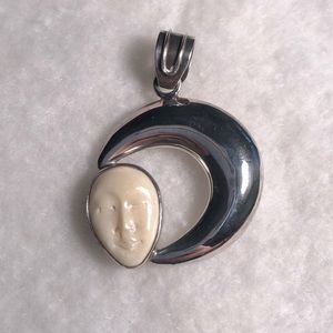 Crescent Moon Face Pendant Sterling Silver
